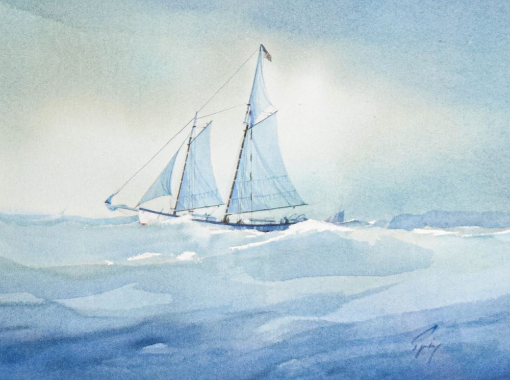 Lot 10A: Robert Spring Watercolor Schooner Off A Headland