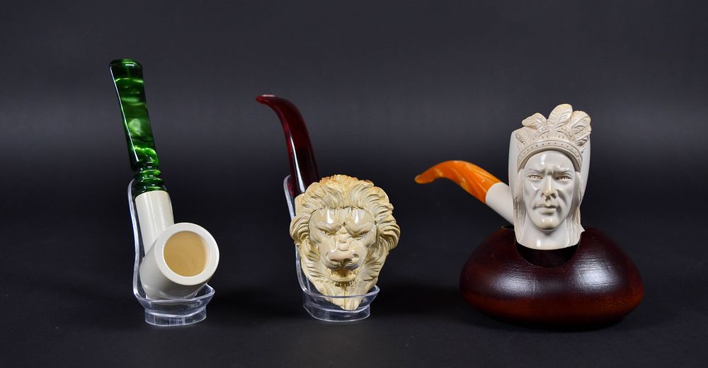 Lot 240: 3 Meerschaum Pipes Including V. Bektor CAO Native American and Lion Head