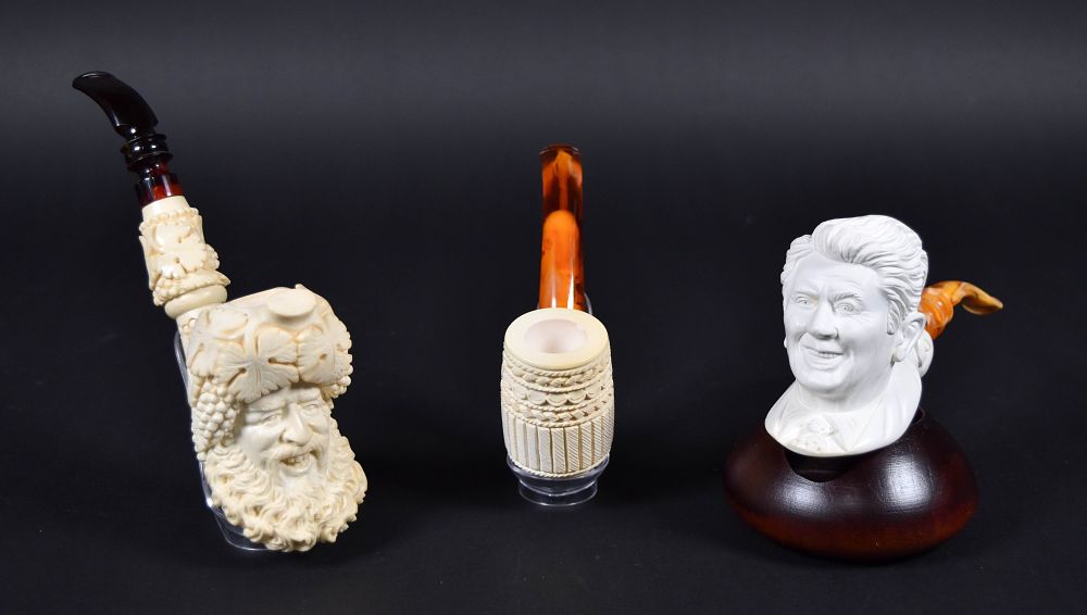 Lot 242: 3 Altinok Hand Carved Block Meerschaum Figural Tobacco Pipes, Unsmoked