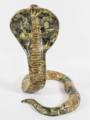 Handcrafted Marbled Paper Mache and Wood King Cobra Sculpture. A handcrafted decorative 