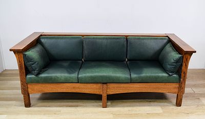 Mission Style Oak and Leather Three Seat Sofa. Mission style three seat sofa constructed of 