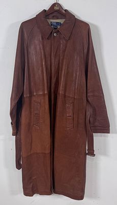 Polo Ralph Lauren Cognac Leather Full Length Duster Coat, Size L. Polo Ralph Lauren full length 