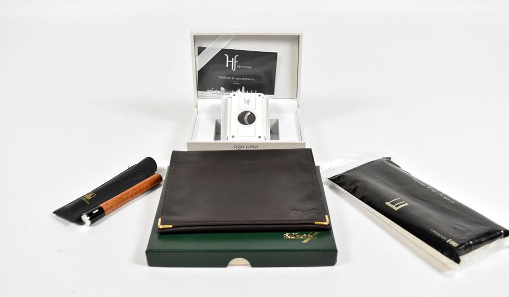 Lot 255: 4 Smoking Accessories Including Davidoff Leather Tobacco Pouch and HF Barcelona Cigar Cutter