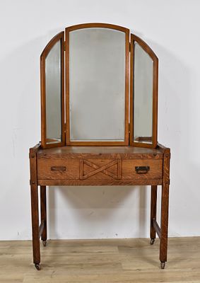Arts And Crafts Quartersawn Oak Writing Desk And Trifold Mirror. Arts and Crafts style writing 