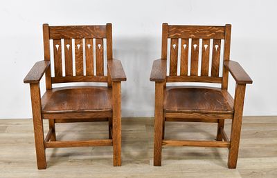 Pair of Mission Style Quarter Sawn Oak Armchairs. Pair of Arts and Crafts Mission style 