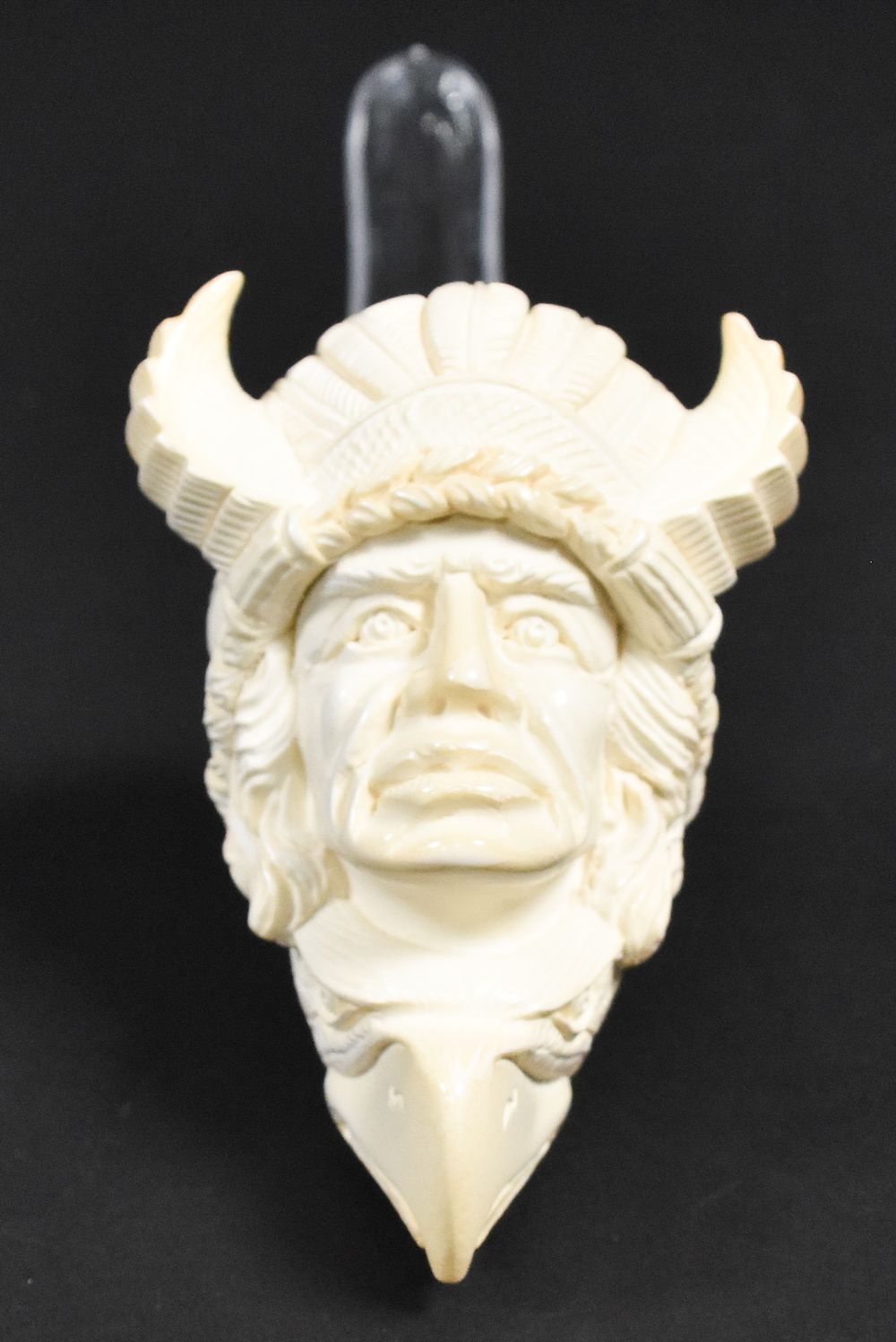 Lot 249: Carved Block Meerschaum Native American Chieftain Pipe, Unsmoked