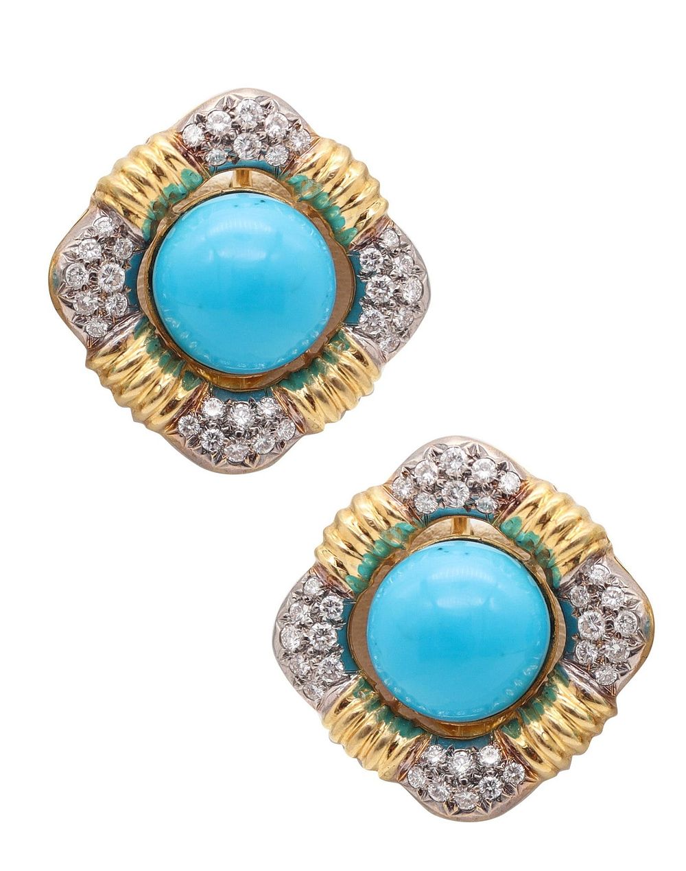 IVAN & CO. Modernist Turquoise Clips Earrings In 18Kt Gold With 3.20 Ctw Diamonds. Pair of 
