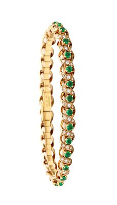 Gubelin 1960 Swiss 18Kt Yellow Gold Bracelet With 4.64 Ctw In Colombian Emeralds And Diamonds. Ci 