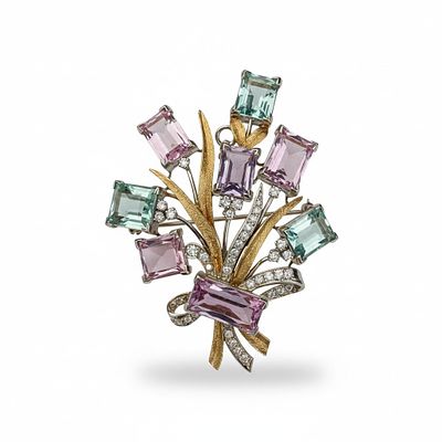 Mid-Century 14K Yellow Gold Aquamarine, Tourmaline, and Diamond Bouquet Brooch. Striking 