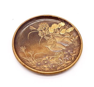 JAPAN Meiji Period 1880 Namiki Little Cabined Round Tray In Wood, Gold & Silver. Early Meiji 