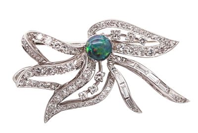 MID CENTURY 1950 Pendant Brooch In Platinum With 5.64 Ctw In Diamonds And Opal. Sparkling 