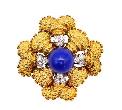 Classic Mid Century 1960 Maltese Pendant Brooch In 18Kt Gold With 21.73 Ctw In Diamonds And Lapis. 