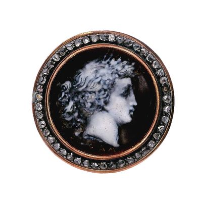 Antique 18kt Rose Gold Grisaille Enamel Portrait Brooch with Diamonds. Antique 18kt rose gold 