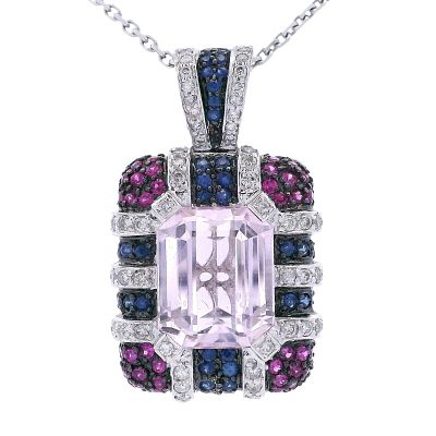 18kt white Gold Pendant Necklace with Kunzite, Diamonds & Sapphires. 18kt white gold pendant on 