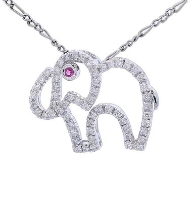 14kt white Gold Elephant Pendant with Diamonds and Ruby. Elephant Pendant crafted in 14kt white 