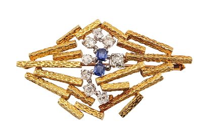 JOHN DONALD 1969 Modernist Brooch In 18Kt Gold Diamonds & Sapphires. Amazing modernist geometric 