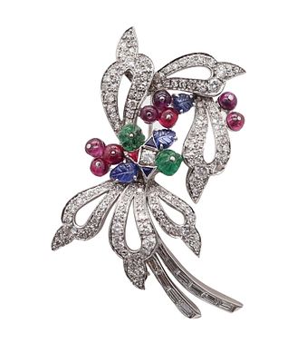 TUTTI FRUTTI 1950 Art-Deco Pendant Brooch In Platinum Diamonds & Gemstones. Gorgeous late Art 