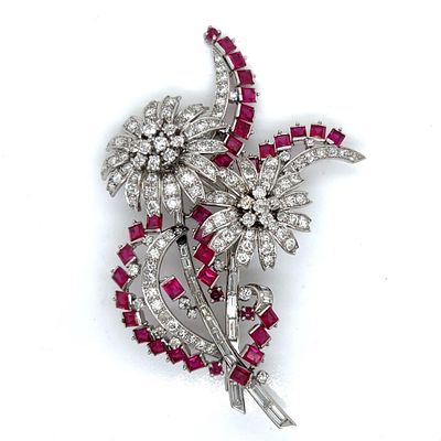 Platinum Diamond & Synthetic Ruby Flower Brooch. Platinum Diamond &amp; Synthetic Ruby Flower 