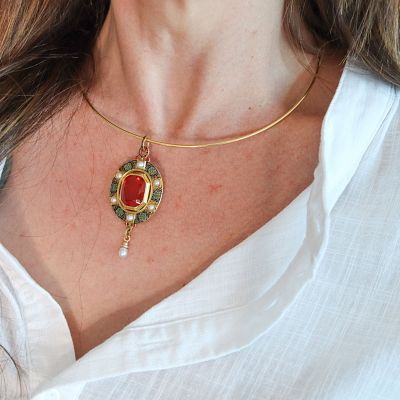 HOLBEINESQUE 1860 Russell Renaissance Revival Pendant 19Kt Gold Pearls & Fire Opal. Fabulous 