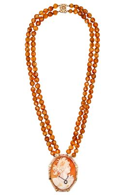 Art Deco 1930 Italy Antique Cameo Necklace In 14Kt Yellow Gold With Carved Citrines. Beautiful 