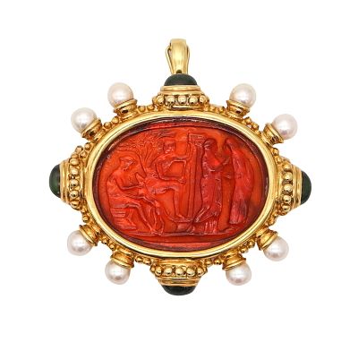 JUDITH RIPKA Venetian Intaglio Cameo Pendant Brooch In 18Kt Gold With Pearls. Colorful 