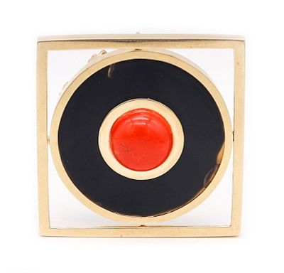 Italian Post Modern Convertible Pendant Brooch In 18Kt Gold With Coral. Versatile postmodern 