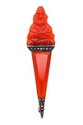 Germany 1920 Art Deco Carved Carnelian Buddha Brooch In Sterling Silver With Marcasite. Exception 