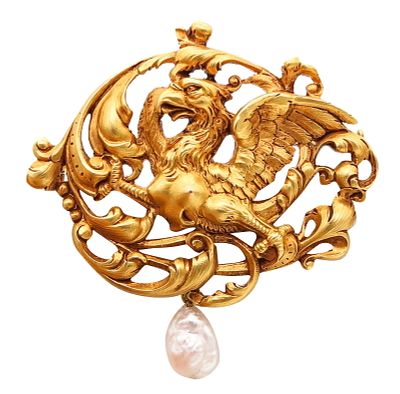 Gaston Lafitte 1890 French Art Nouveau Griffin Brooch In 18Kt Gold With Pearl. Incredible Art 