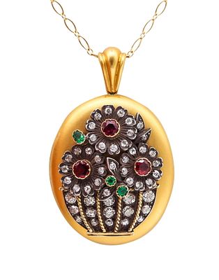 Victorian 1890 Pendant locket In 18Kt Gold With 9.44 Ctw In Diamonds Rubies & Emeralds. Outstandi 