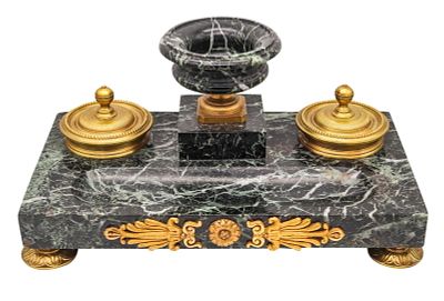 NAPOLEON III Antique 1870 French Desk Tray Set In Gray Marble And Gilt Ormolu. Circa 1870 