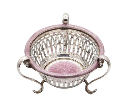 EDWARDIAN 1909 Guilloche Enameled Tripod Basket Vase In .925 Sterling Silver. Circa 1909 