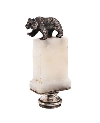 Georg Adam Scheid 1910 Austria Desk Seal With Bear In .900 Sterling Silver And Marble. Circa 