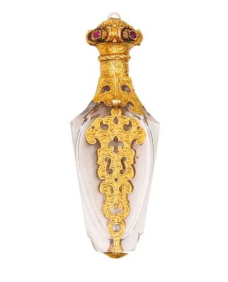 French 1820 Baroque Rock Quartz Scent Perfume Bottle Mount In 18Kt Gold With Gemstones. Circa 