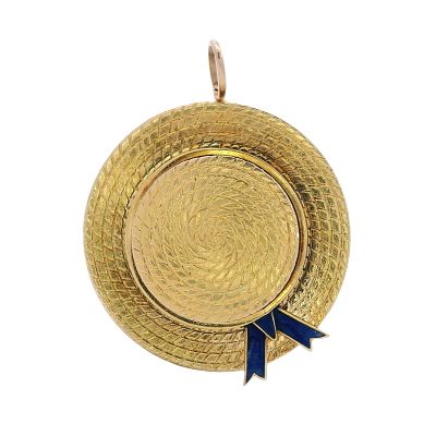 Vintage 18kt yellow Gold Straw Boater Hat Pendant with Enamel. Vintage 18kt yellow Gold Straw 