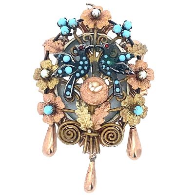 1880 Antique Victorian 14kt Gold Locket Pendant / Brooch with Turquoises & Pearls. Antique 