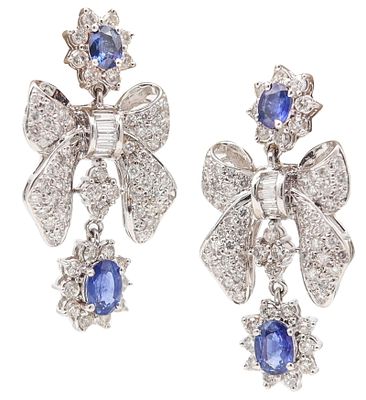 CLASSIC 1960 Dangle Earrings In 14Kt White Gold With Diamonds & Sapphires. A beautiful pair of 