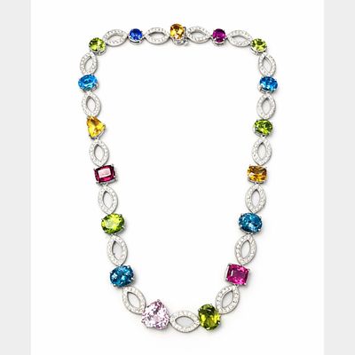 18K White Gold Diamond & Semi-Precious Stone Necklace. 18K white gold necklace set with 272 