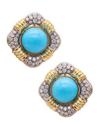 IVAN & CO. Modernist Turquoise Clips Earrings In 18Kt Gold With 3.20 Ctw Diamonds. A classic 