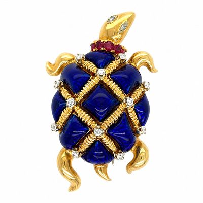 1960s 18K Yellow Gold Enameled Turtle Brooch with Burma Ruby & Diamond. Charming 1960’s turtle 