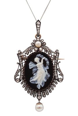 French 1860 Neo Classic Pendant Brooch In 18Kt Gold With Diamonds And Natural Pearls. Magnificent 