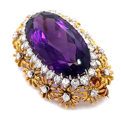 1960s 18K Yellow Gold Amethyst & Diamond Pendant/Brooch. Glamorous 1960’s convertible 