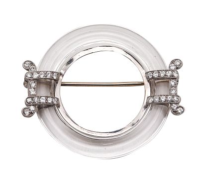 Black Starr & Frost 1925 Art Deco Rock Quartz Brooch In Platinum With Diamonds. Chinoiserie-inspi 