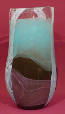 A large Svaja art glass vase with bands of coloured detail and vertical swept stripes, signed 