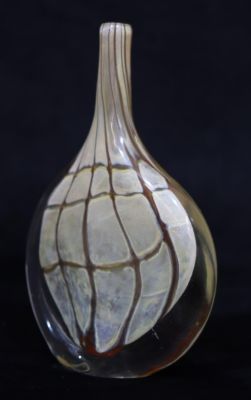 A Studio glass flat round thin neck vase with inner colour decoration, 22cm high