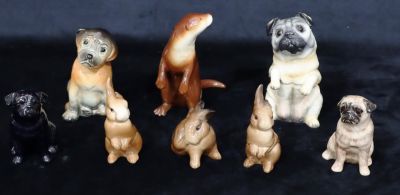 3 Beswick small figures of rabbits (1 crack to base), a pair of china salt and pepper pots in 