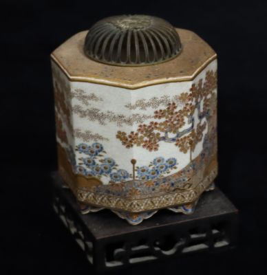 A Meiji period octagonal shaped Censor with gilt metal pierced cover on cream ground with 