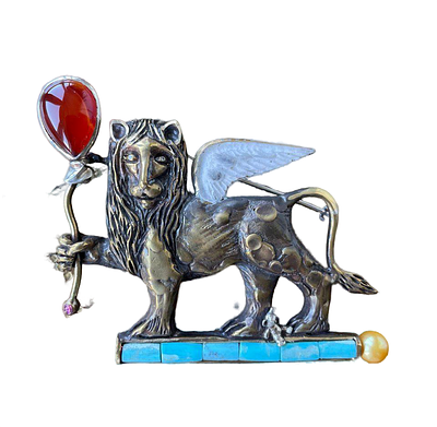 Алексей Барсуков - Брошь &laquo;Лев-праздник&raquo;. Бронза, серебро, сердолик, бирюза, речной жемчуг