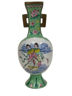 A Chinese Cloisonne Enamel Vase measuring 10 inches tall. A brass based enamel hand painted 
