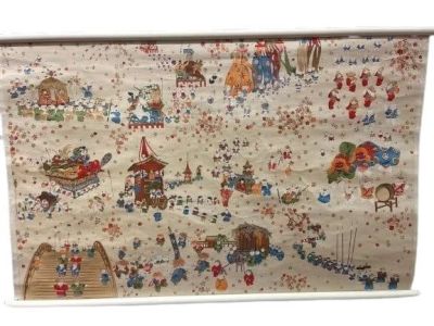 A finely painted Chinese hanging Scroll measuring 38 1/2 inches wide by 25 inches long. A 