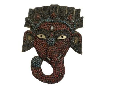 Antique brass Indian Ganesh decorative mask with multi stone embellishment detail. The colorful 